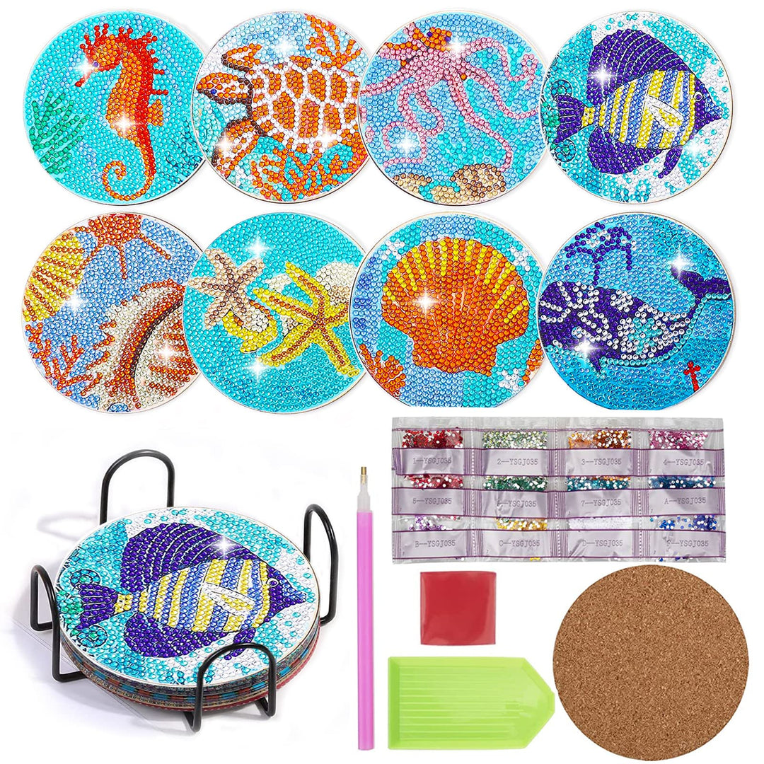 Diamond Painting Untersetzer 8er Set DIY Basteln Erwachsene mit Halter, 5D Diamond Painting Meer Tas