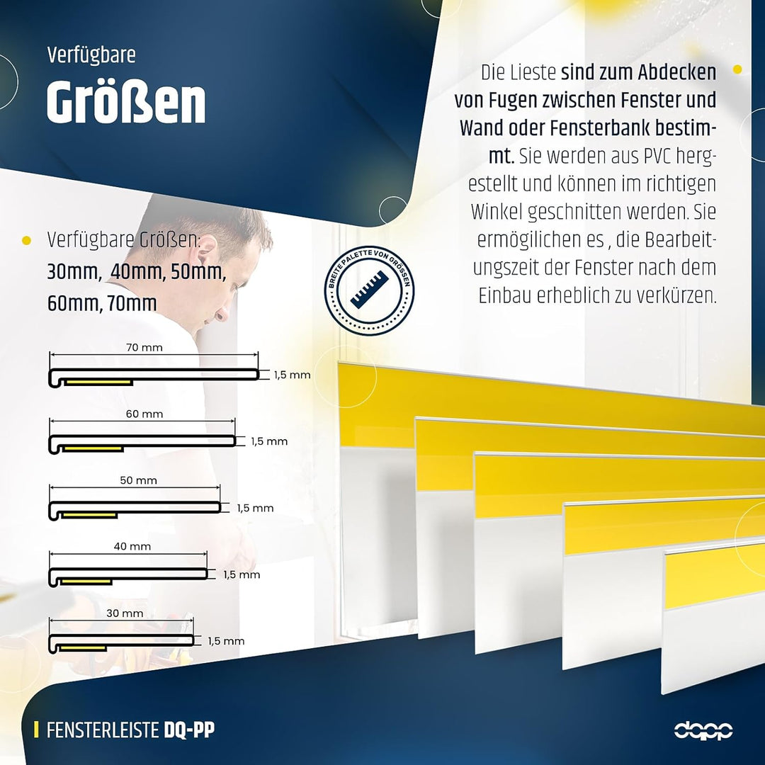 DQ-PP FENSTERLEISTE | 150m Länge | 40mm Breite | 1,5mm Stärke | Weiss | Fensterleisten Flachleisten