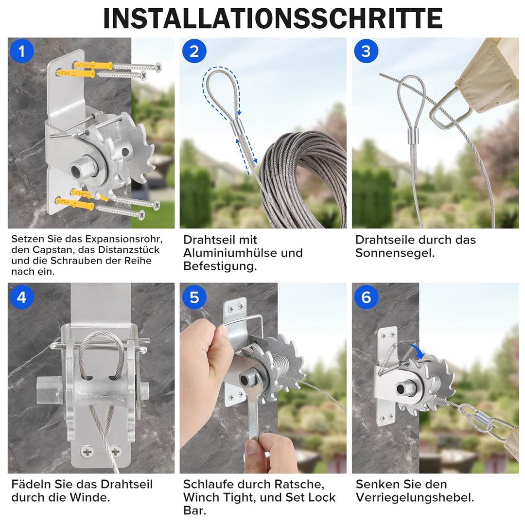 Angooni Sonnensegel-Hardware-Kit inklusive Winden & Drahtseil, Anti-Rost-Edelstahll-Hardware-Kit für