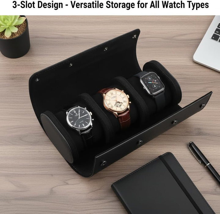 VILLCASE Uhrenbox mit 3 Fächern, rund, Reise-Uhrenbox, PU-Leder, tragbare Uhrenschatulle, schwarz, z