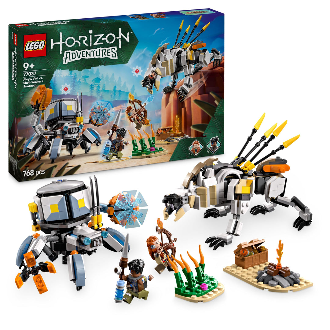 LEGO Horizon Adventures Aloy und Varl vs. Panzerwanderer und Sägezahn, Spielzeug mit Monstermaschine
