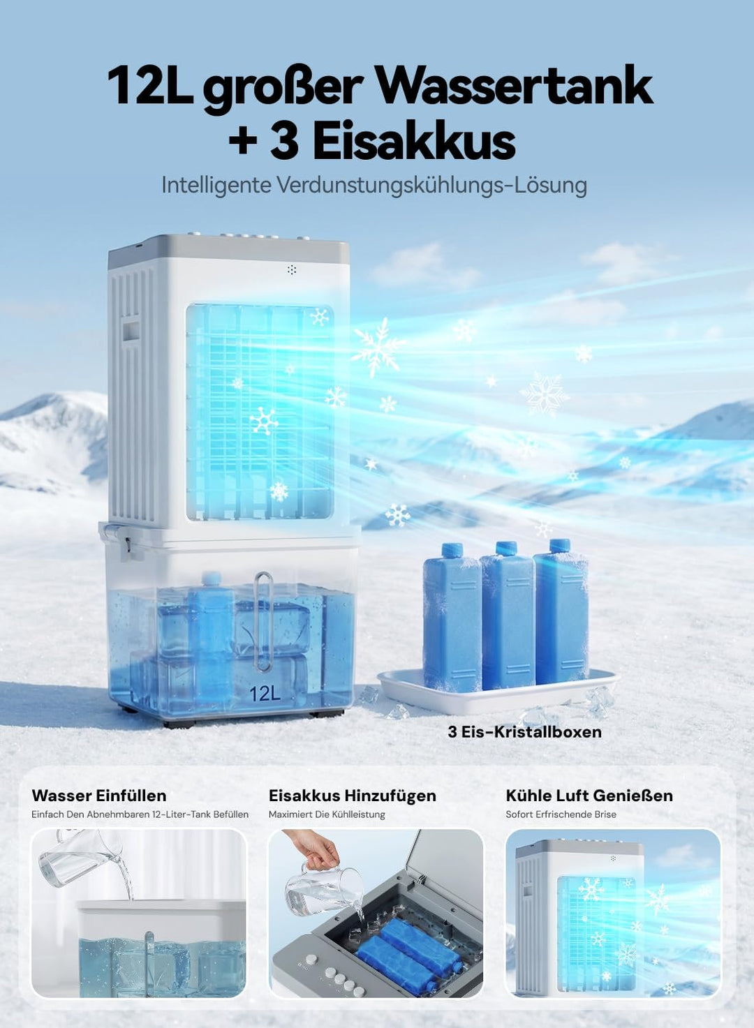 Mobile Klimaanlage, 3-in-1 Luftkühler, Verdunstungskühler, 12L Wassertank, 3 Kühlakkus, 3 Geschwindi