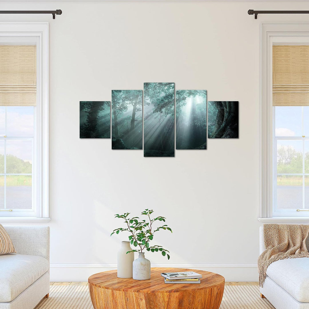Runa Art Bild Schlafzimmer Wohnzimmer Wald Landschaft 5 Teilig Sonne Blau Wandbilder auf Vlies Leinw