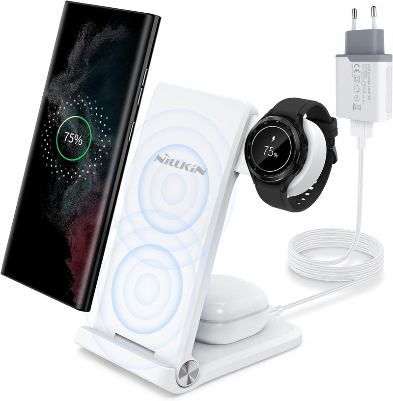 Nillkin 3 in 1 Ladestation mit Adapter, Faltbar Kabellose Ladegerät Kompatibel mit Galaxy Watch 4/3/