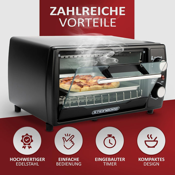 Mini Backofen | 1000 Watt | 10 Liter | inkl. Backblech und Grillrost | Pizzaofen | 90°-230°C | 60 mi