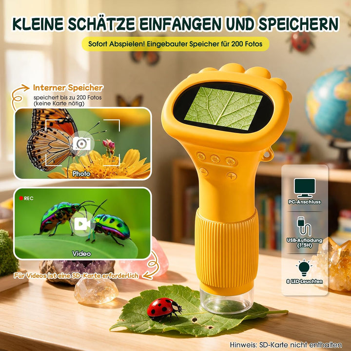 GeschenPark Digitales Mikroskop für Kinder mit 25 Entdeckerkarten, 1000X Vergrösserung, 2-Zoll-1080P