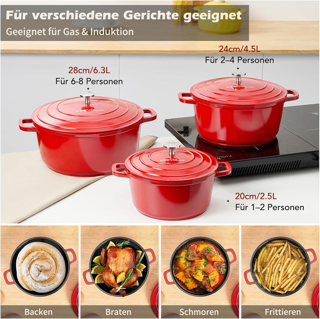 Bräter mit Deckel Schmortopf Induktion 28 cm Dutch Oven Stil, 6,3 L | Brot Backen, leichter als Guss
