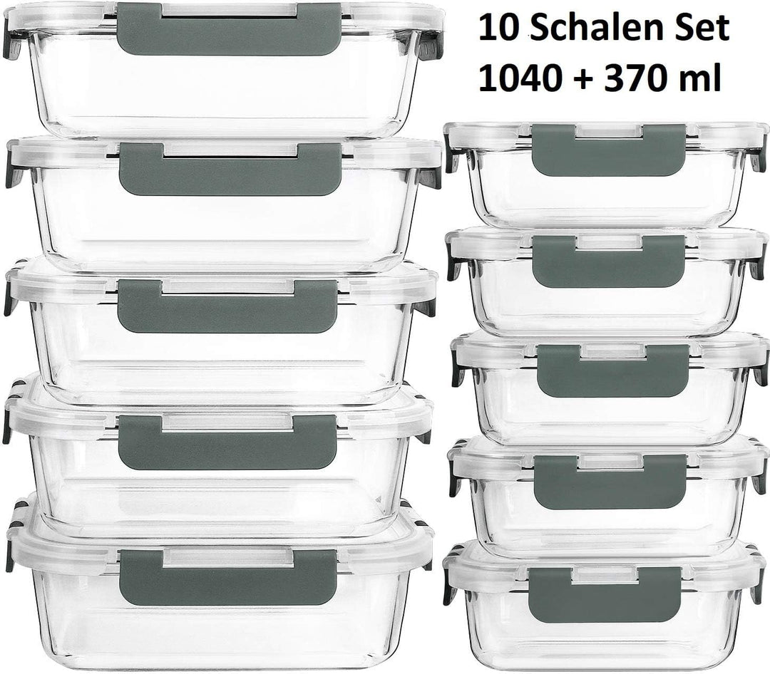 Visario Glas Frischhaltedosen Set 10 Stück (20 Teile) – 5x 1040ml & 5x 370ml, Luftdichte Bento Boxen
