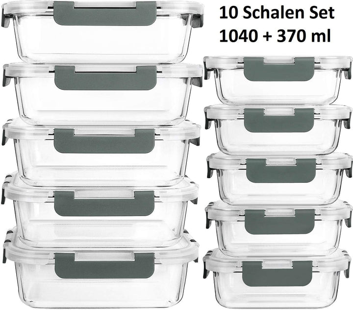 Visario Glas Frischhaltedosen Set 10 Stück (20 Teile) – 5x 1040ml & 5x 370ml, Luftdichte Bento Boxen