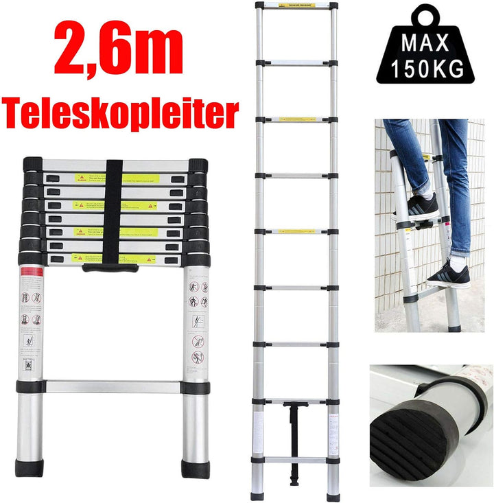 2,6m Aluminium Mehrzweckleiter Teleskopleiter Ausziehbar Leiter Klappleiter Anti-Rutsch Stufen Multi
