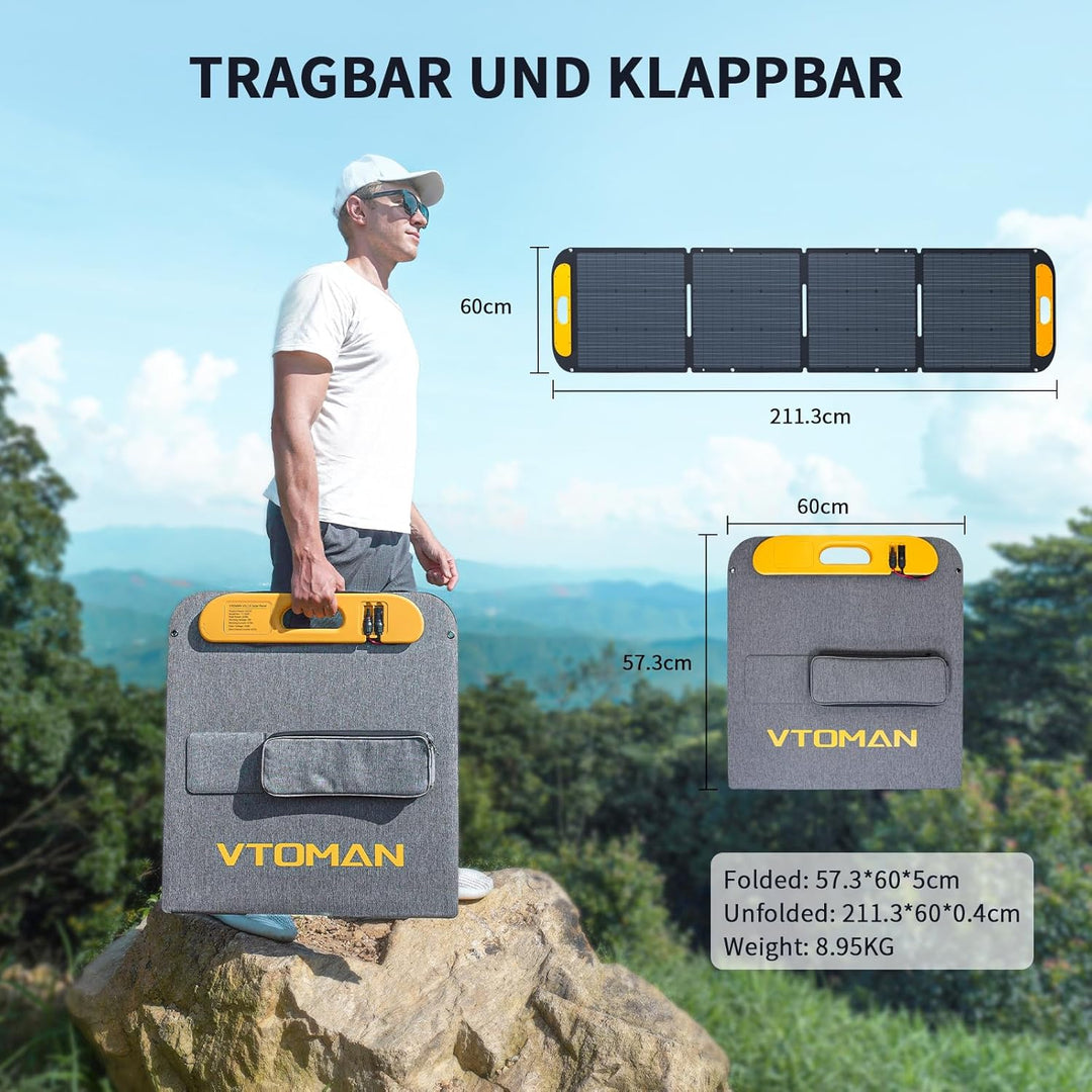 VTOMAN VS200 Faltbares Solarpanel 200W, 16V/25% Effizienz, Monokristalline Tragbare Solarmodul für P