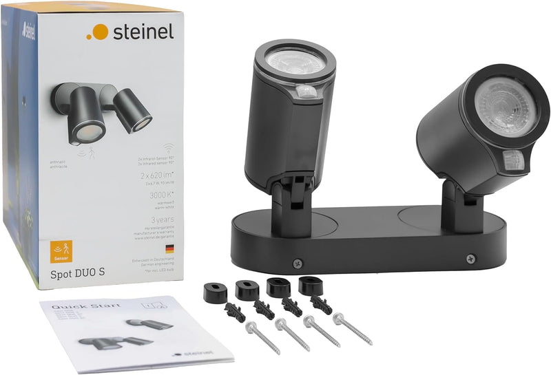 Steinel LED Strahler Spot DUO S anthrazit, 90° Bewegungsmelder, inkl. LED GU10-Leuchtmittel, per Kab