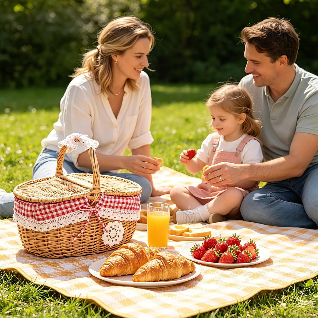 Weide Picknickkorb, Tragbarer Picknickkorb für den Aussenbereich mit Deckel und Griff, Geflochtener