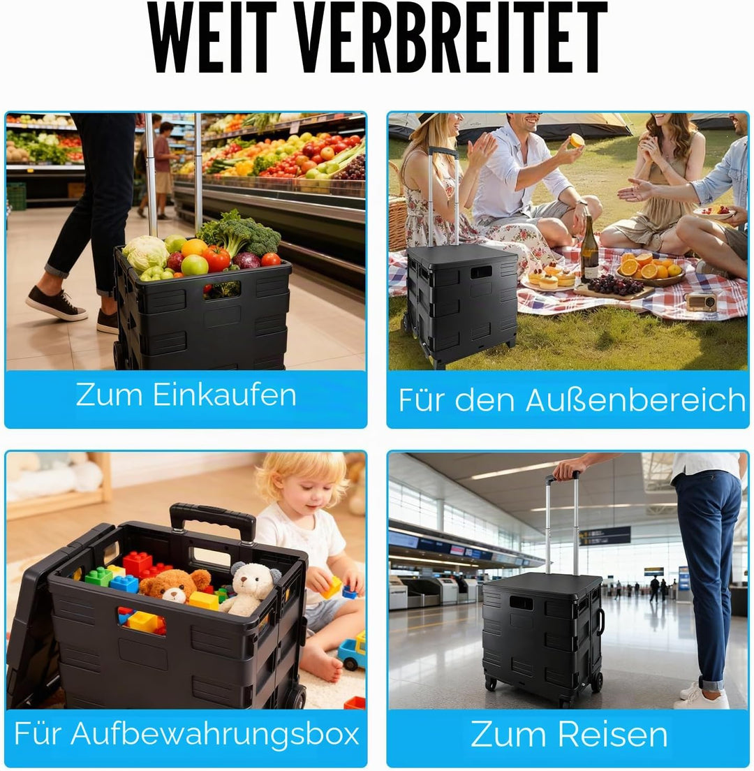 Faltbarer Einkaufstrolley mit Deckel,45 L Volumen, 2 Rollen &amp; höhenverstellbarer Griff, Klappbox mit
