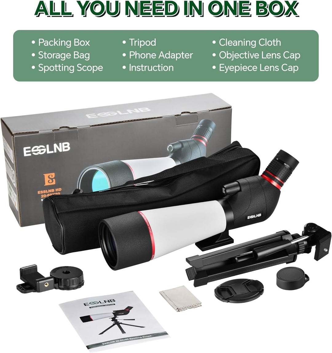 ESSLNB Spektiv 20-60X80 mit Stativ Smartphone Adapter und Tasche 100 Prozent Wasserdicht BAK4 Vollst