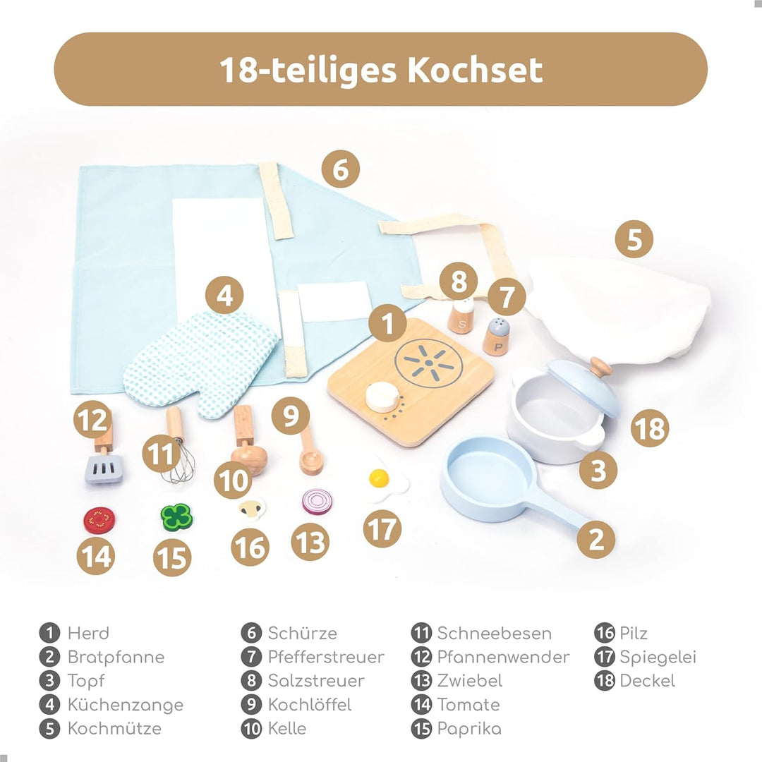 UMU® Kinder Kochset aus Holz mit Geschirr (Töpfe und Pfannen), Schürze, Lebensmittel und mehr, Kinde