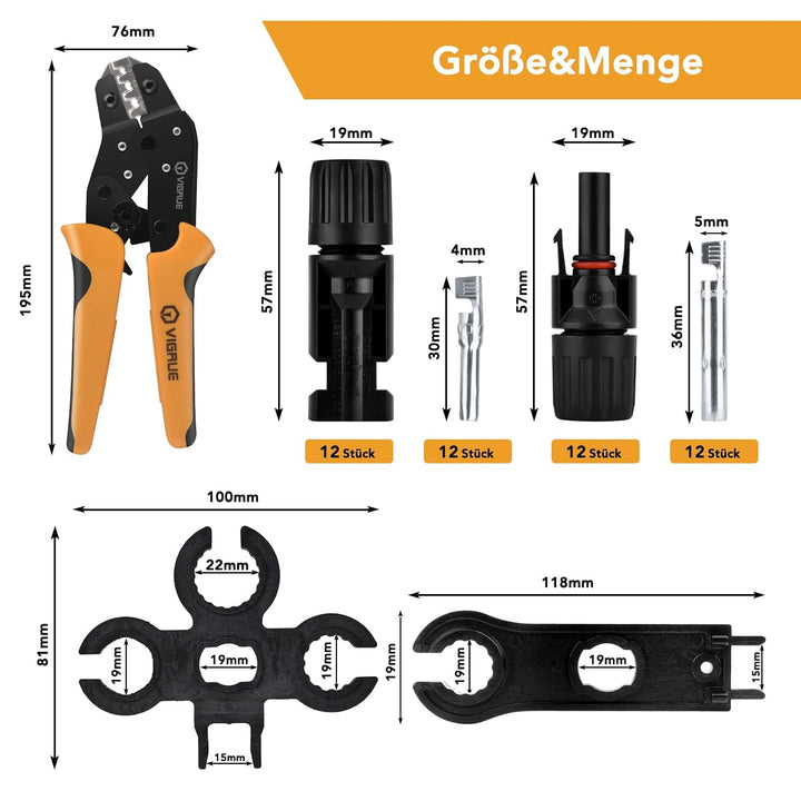 VIGRUE Solarstecker mc4 Stecker, mc4 Crimpzange Set für 2.5/4/6mm² Solarpanel PV Kabel, Männlich/Wei