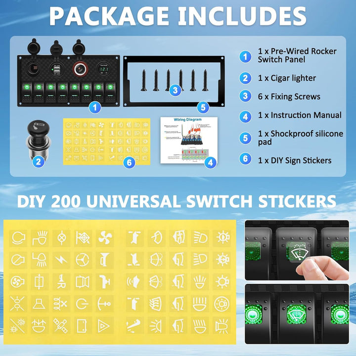 Geloo 8 Gang LED Toggle Rocker Switch Panel, 12V/24V Digital Voltage Display Dual USB Charger Port W