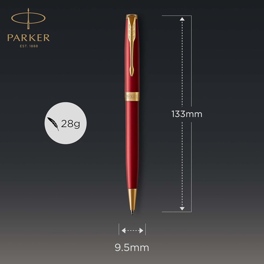Parker Sonnet Kugelschreiber | Rote Lackierung mit Goldzierteilen | Mittlere Spitze | schwarze Tinte