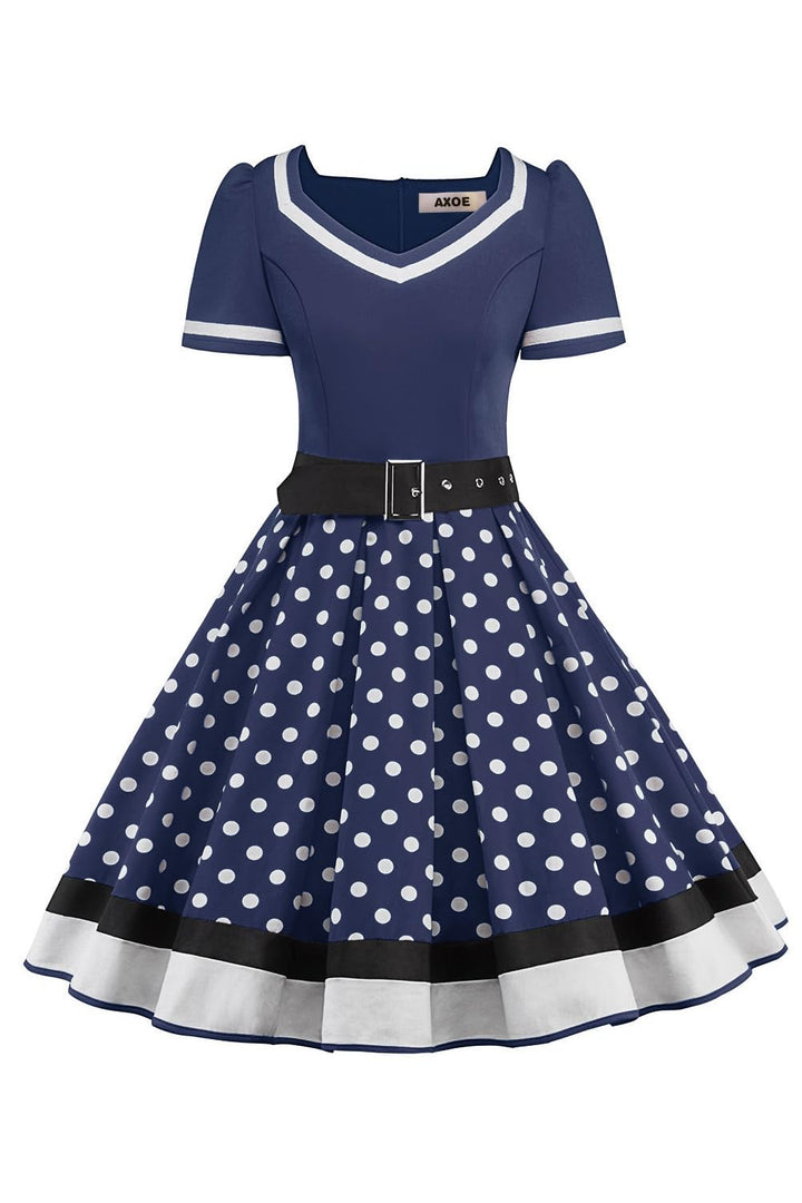 AXOE Damen 50er Jahre Kleider Rockabilly Petticoat Vintage, S Navy