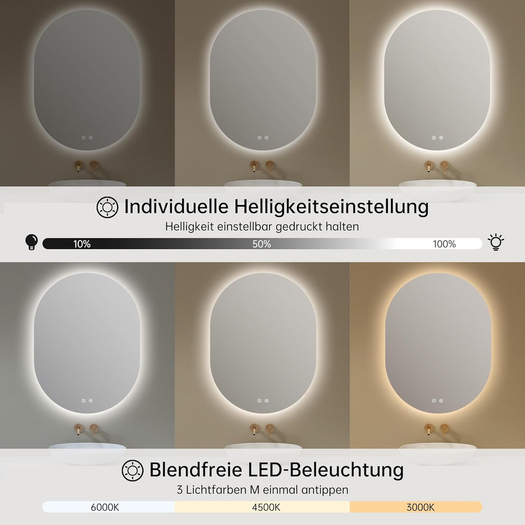 Spiegel mit Beleuchtung Oval LED Badspiegel 60 x 80 cm mit Touch-Schalter, Dimmbar 3 Lichtfarbe Eins