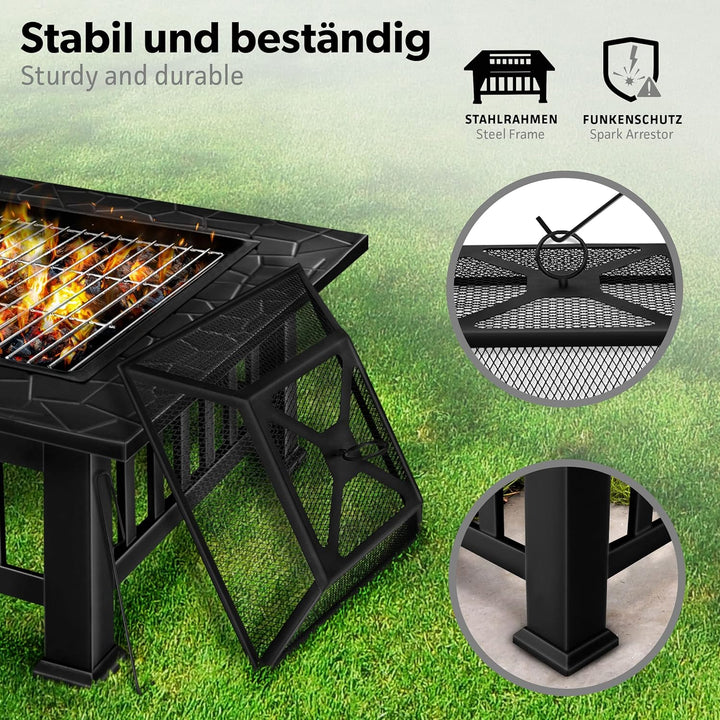 tillvex Feuerschale mit Funkenschutz & Grillrost | Feuerstelle Outdoor für den Garten | 3 in 1 BBQ G