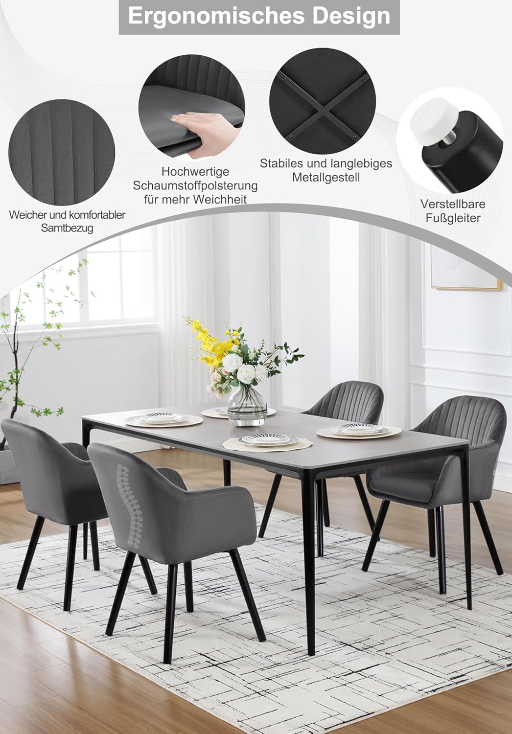 WOLTU Esszimmerstühle 2er Set, für Schlafzimmer Küche Wohnzimmer, Küchenstühle gepolstert mit Armleh