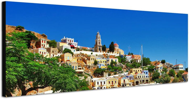 Paul Sinus Art Panoramabild auf Leinwand und Keilrahmen 120x40cm Griechenland Stadt Meer Boote Somme