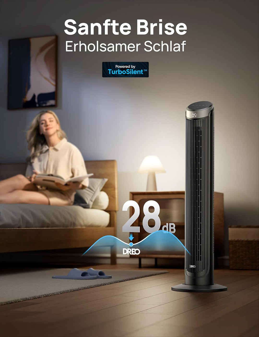 DREO Smart Turmventilator Sehr Leise, 90° Oszillierend Standventilator für Schlafzimmer, 7.9 m/s Win