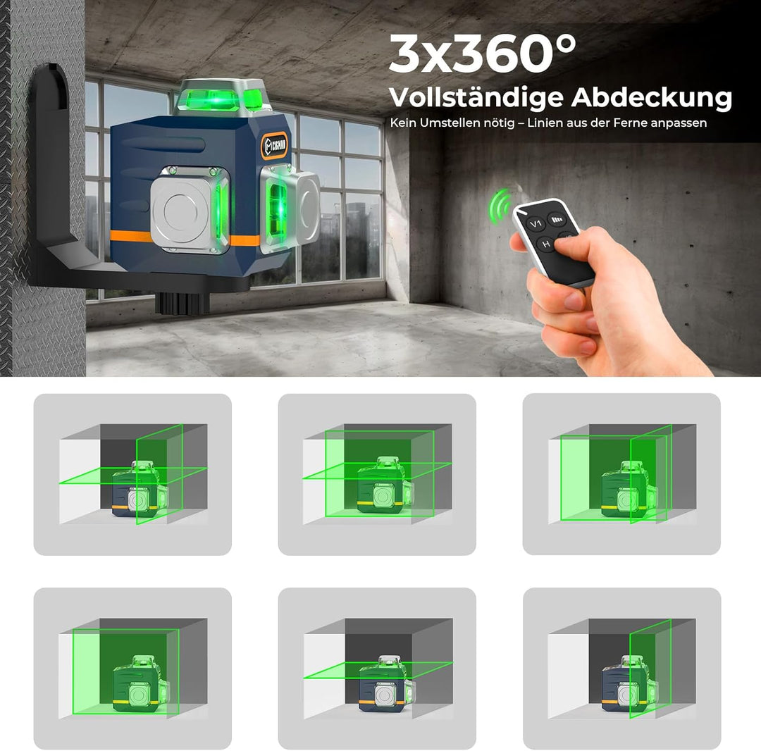 Kreuzlinienlaser mit Stativ, CIGMAN 3x360 Grad Grün Selbstnivellierend Laser Wasserwaage mit 1,5m -A