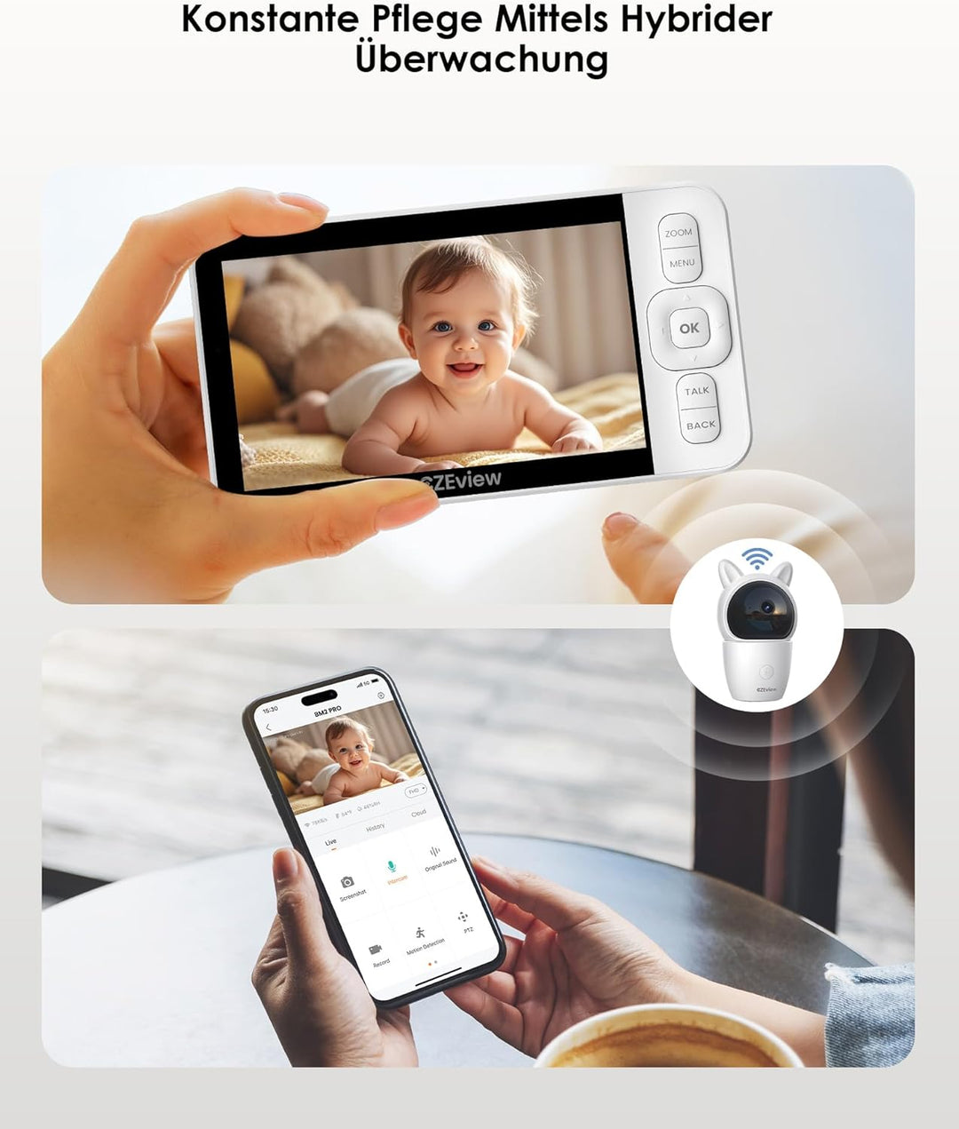 CZEview Babyphone mit 2 Kameras und APP, 2K/5,0 Zoll WLAN Babyfon mit Split-Screen, PTZ 360°, 4× Zoo