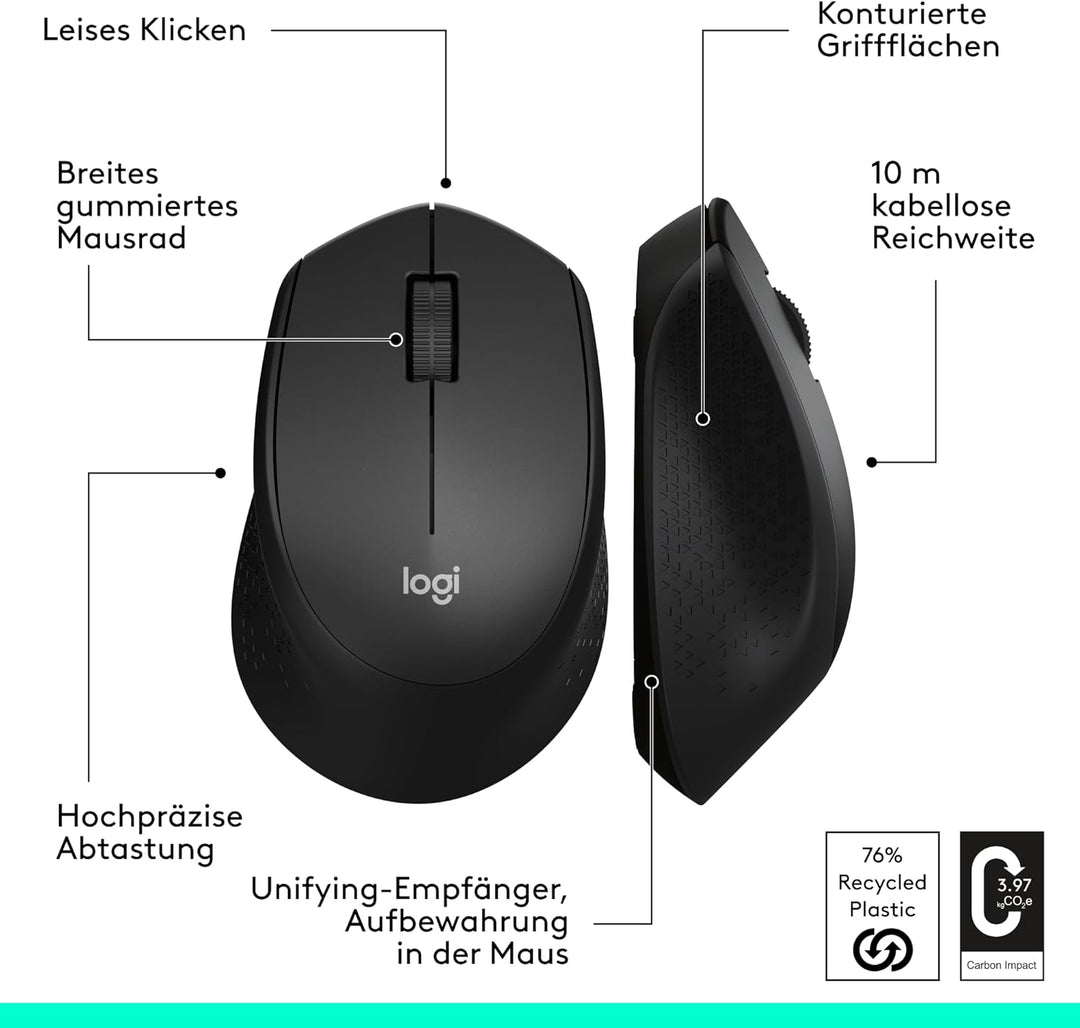 Logitech M330 SILENT PLUS Kabellose Maus, 2,4 GHz mit USB-Nano-Empfänger, 1000 DPI Optical Tracking,