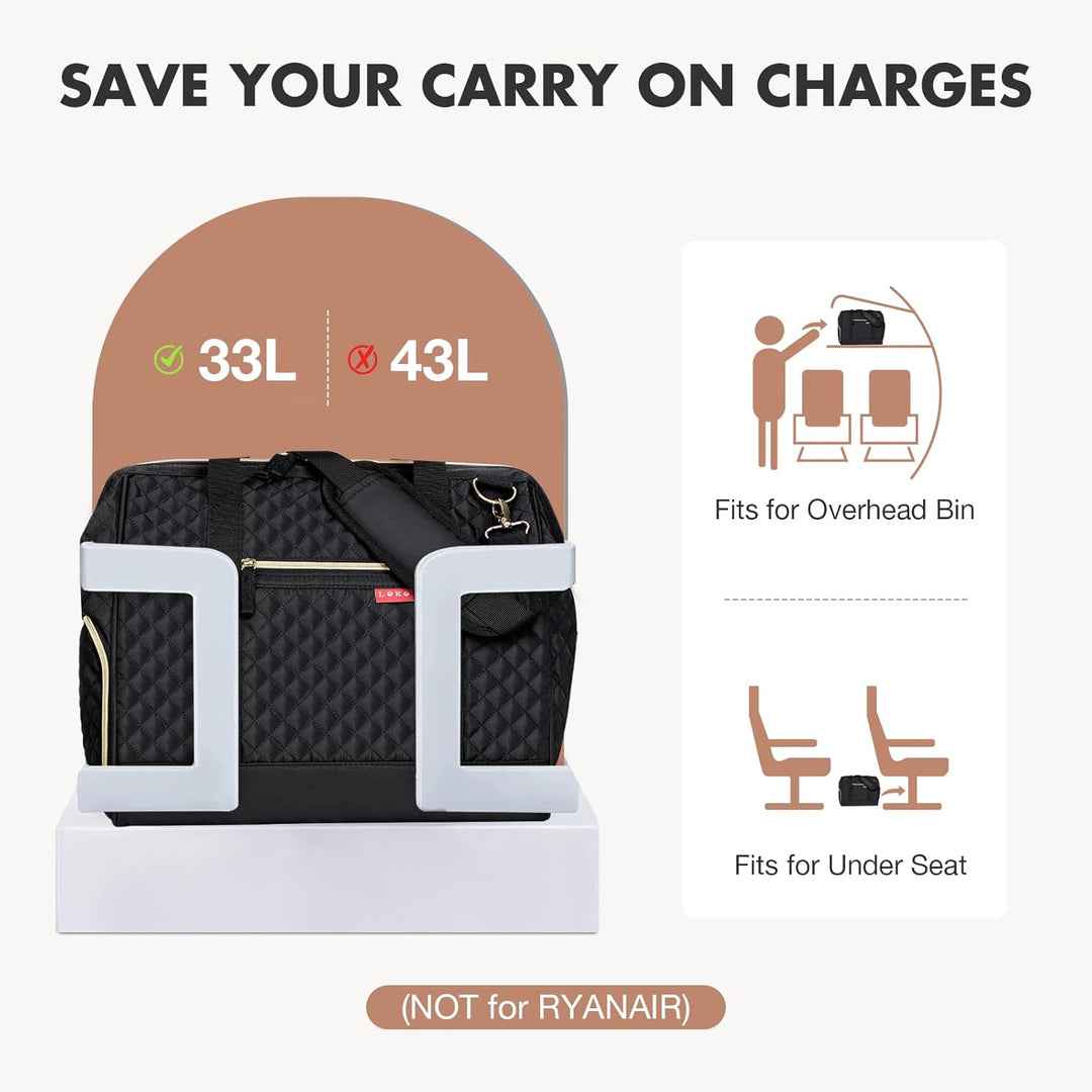 Lekesky Kleine Reisetasche Weekender Damen, Sporttasche mit Schuhfach (33L, Schwarz Gesteppt) 33L Sc