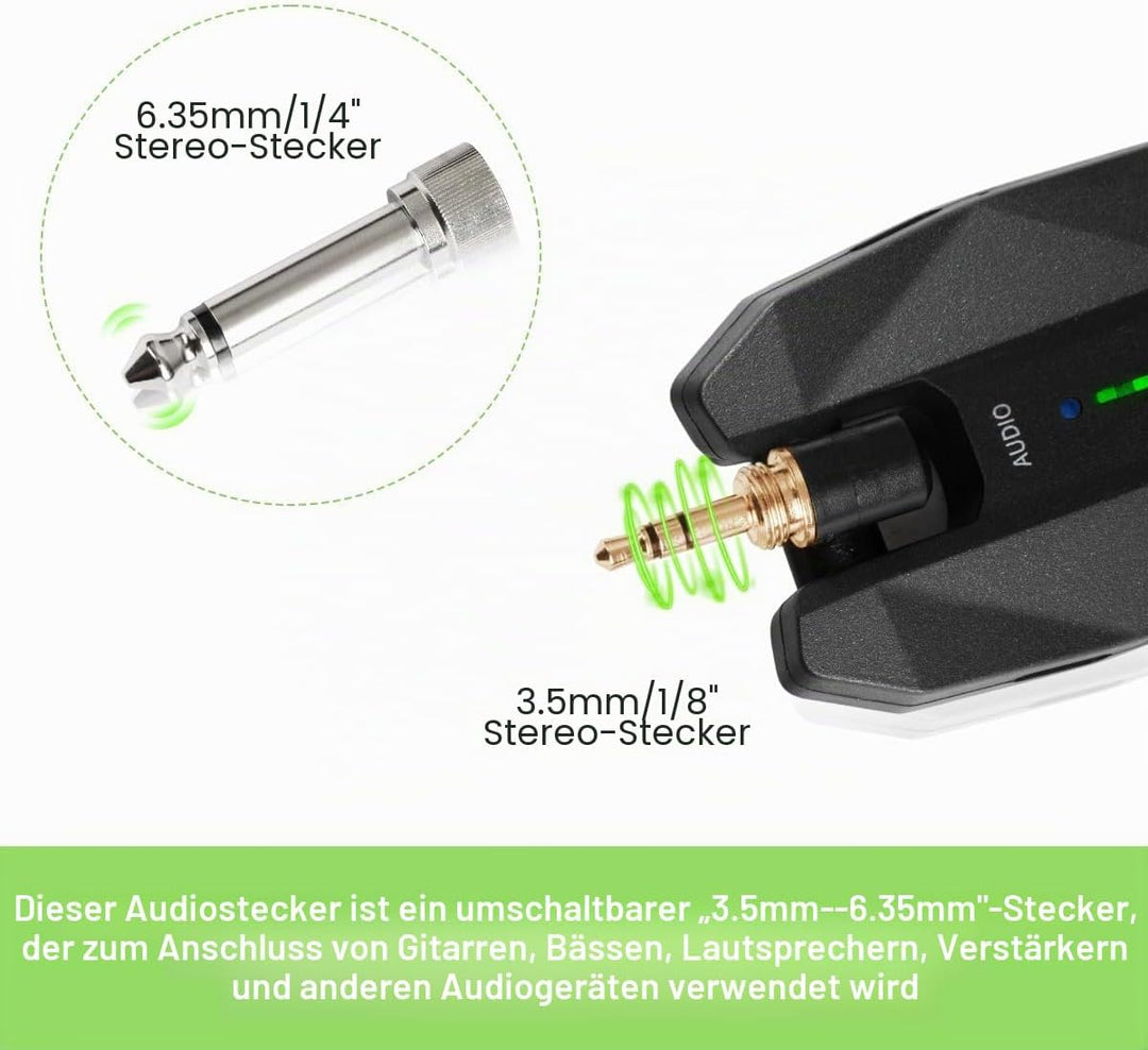 Coolmusic WS1 Kabelloses Stereo-Gitarrensystem 5,8 GHz mit 1/4-Zoll- und 1/8-Zoll-Instrumentenstecke