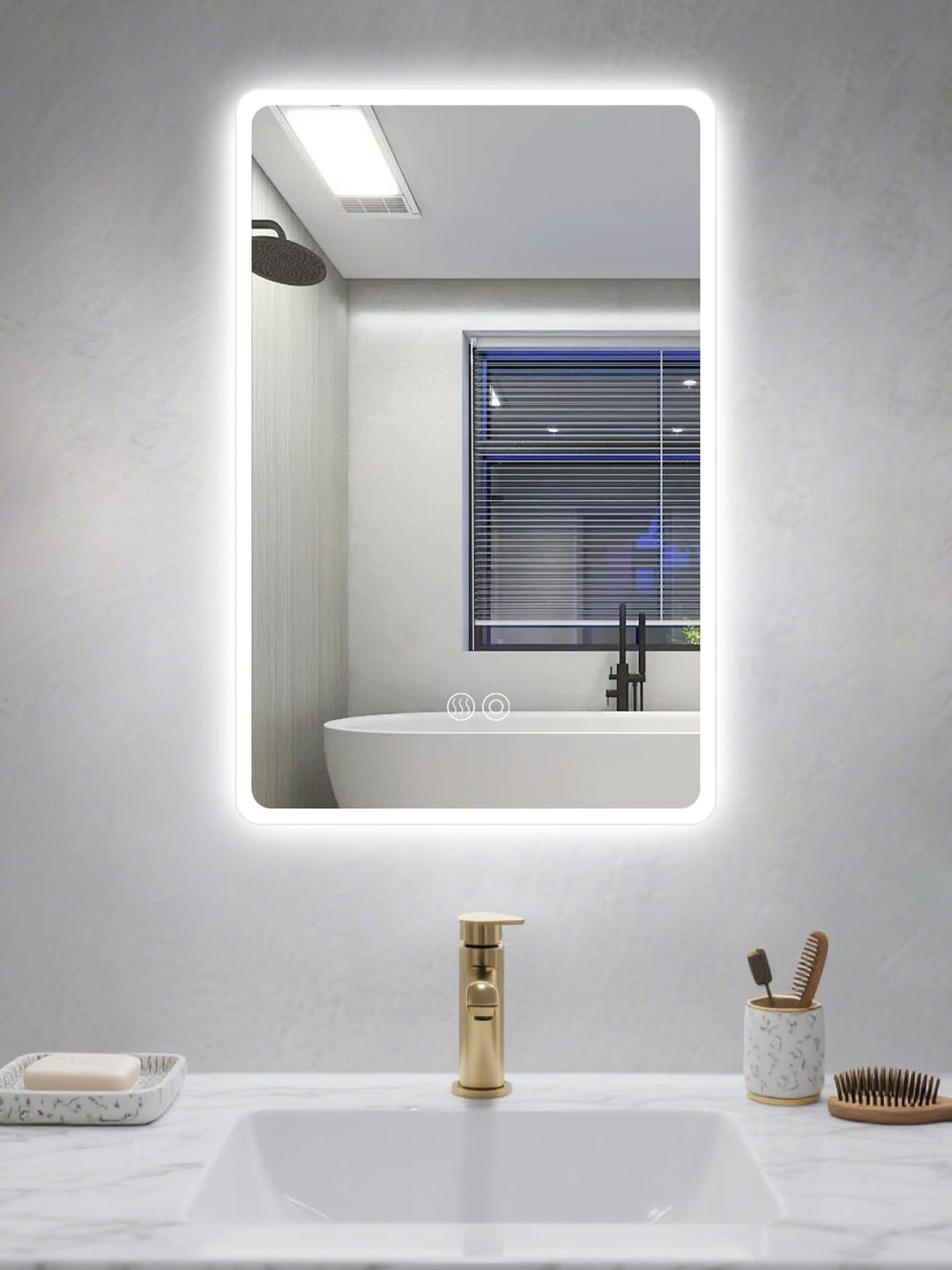 Badspiegel mit Beleuchtung, 50x70cm LED Badezimmerspiegel mit Touchschalter, Dimmbar Lichtfarbe 3 Fa
