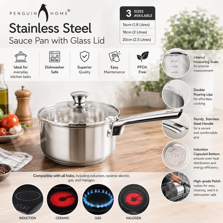 Penguin Home Topfsets 16 Cm, 18 Cm & 20 Cm Edelstahl-Kochtopf-Sets Mit Induktionskochfeld Und Glasde