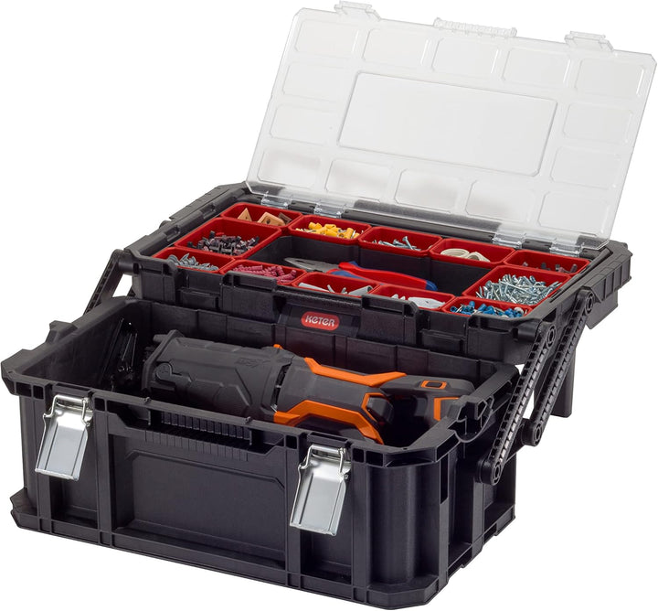 Keter Connect Cantilever Werkzeugkasten, 56,5x31,7x25,1 Cm, Transparenter Bruchsicherer Deckel, Hera