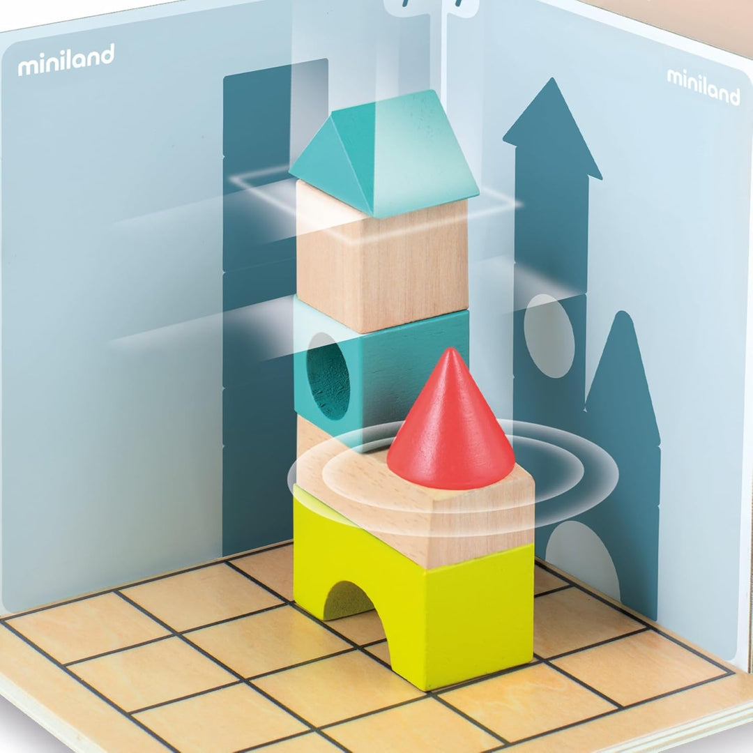 Miniland – Shapes & Shadows: Lernspiel zur räumlichen Logik, bei dem aus 2D-Schatten 3D-Figuren geba