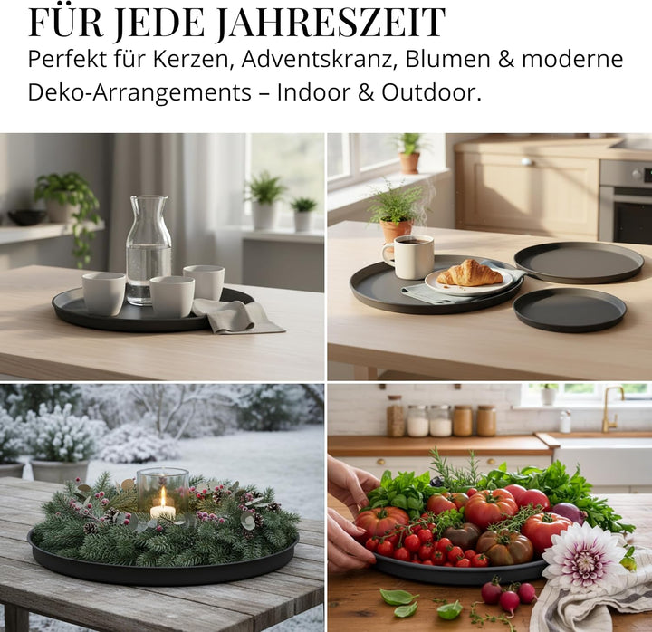 Deko Tablett 3er Set, Serviertablett rund (25 cm, 30 cm, 40 cm), Dekotablett für Adventskranz, Kerze