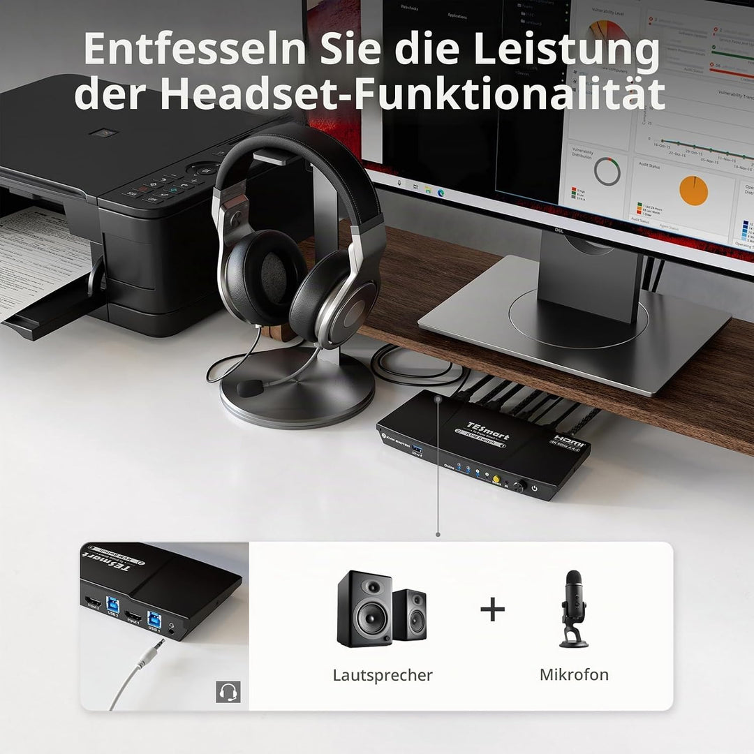 TESmart USB3.0 HDMI KVM Switch, 2 PC 1 Monitore Switch 4K 60Hz mit EDID Emulator, Hotkey, Audio Extr