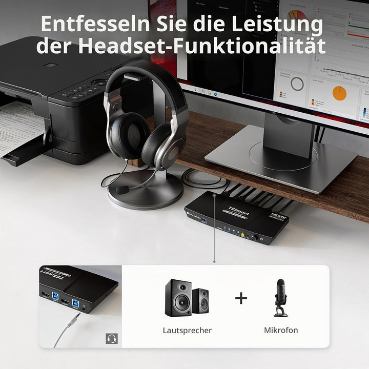 TESmart USB3.0 HDMI KVM Switch, 2 PC 1 Monitore Switch 4K 60Hz mit EDID Emulator, Hotkey, Audio Extr
