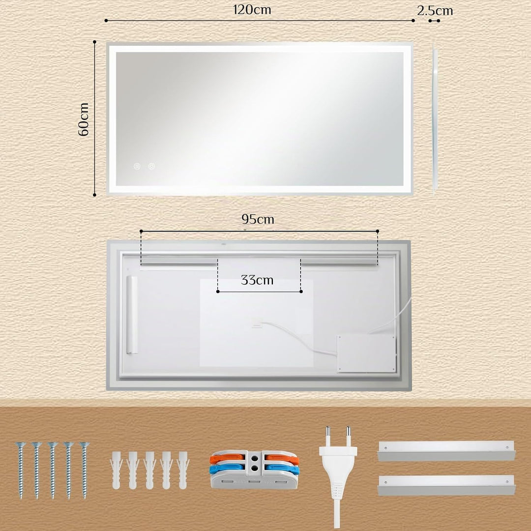 Clevich Badspiegel mit Beleuchtung 120×60 cm, LED Spiegel mit 3 Lichtfarben Dimmbar, Gehärtetes Glas