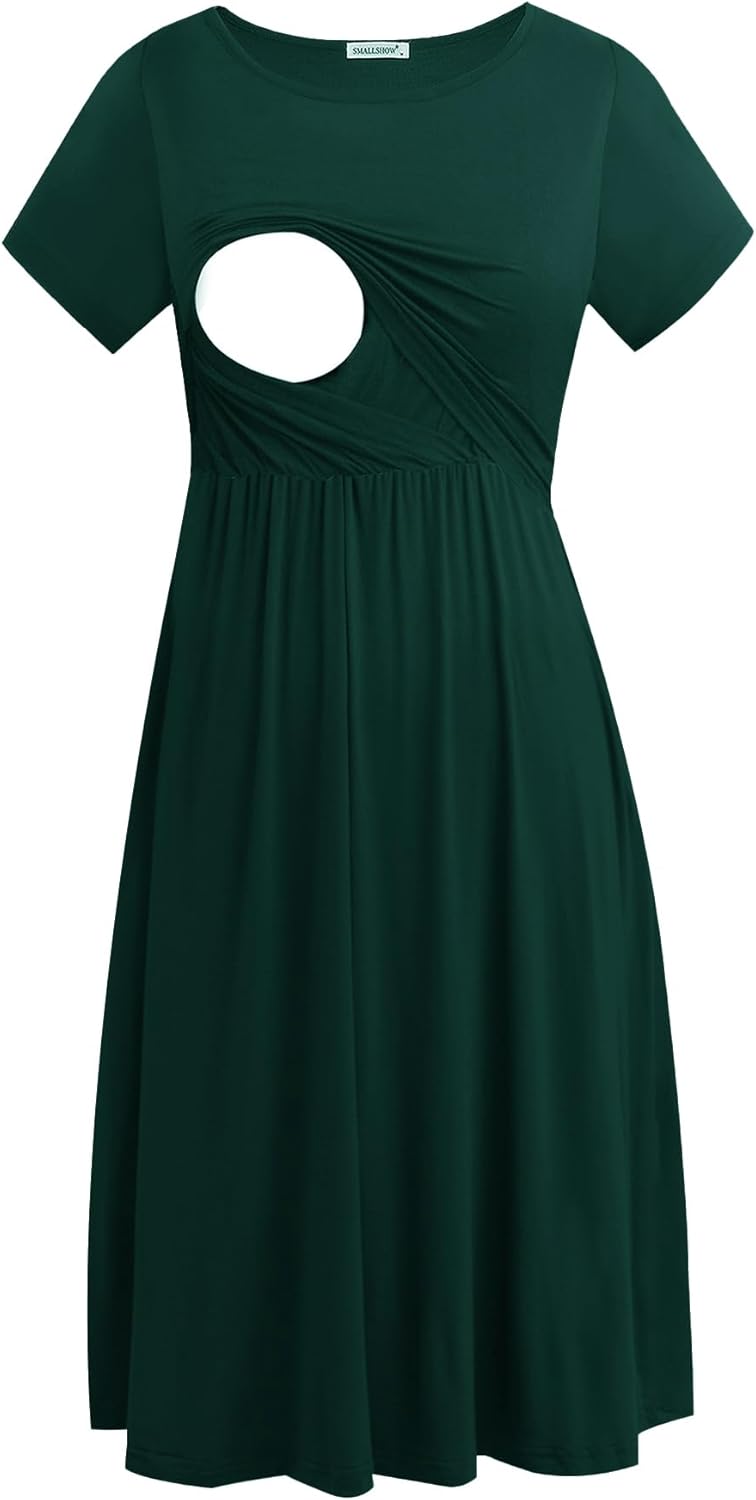 Smallshow Damen Lässiges Kurzarm Stillkleid Umstandskleid für Stillen Dunkelgrün(solide) M, Dunkelgr