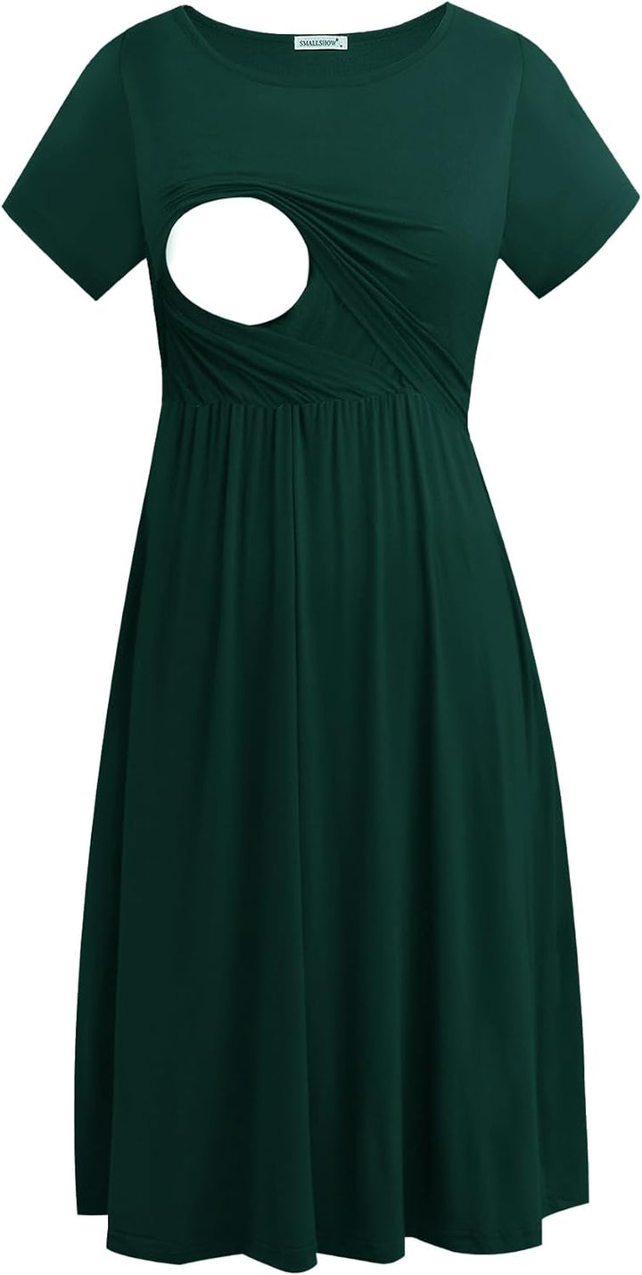 Smallshow Damen Lässiges Kurzarm Stillkleid Umstandskleid für Stillen Dunkelgrün(solide) M, Dunkelgr