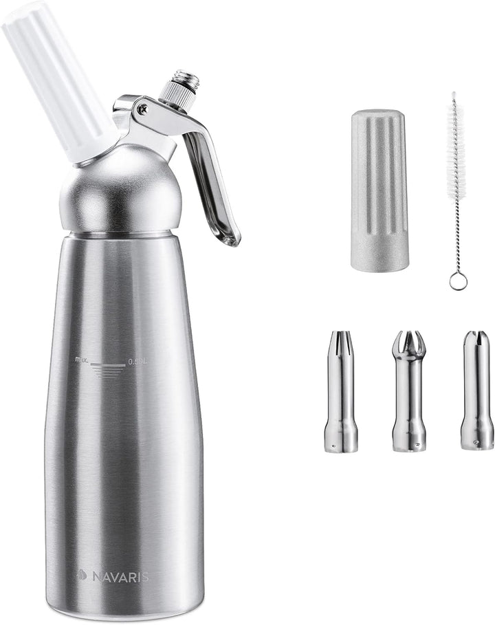 Navaris Sahnespender 500 ml mit 3 Edelstahl Tüllen - für heisse und kalte Cremes Schlagsahne Sossen