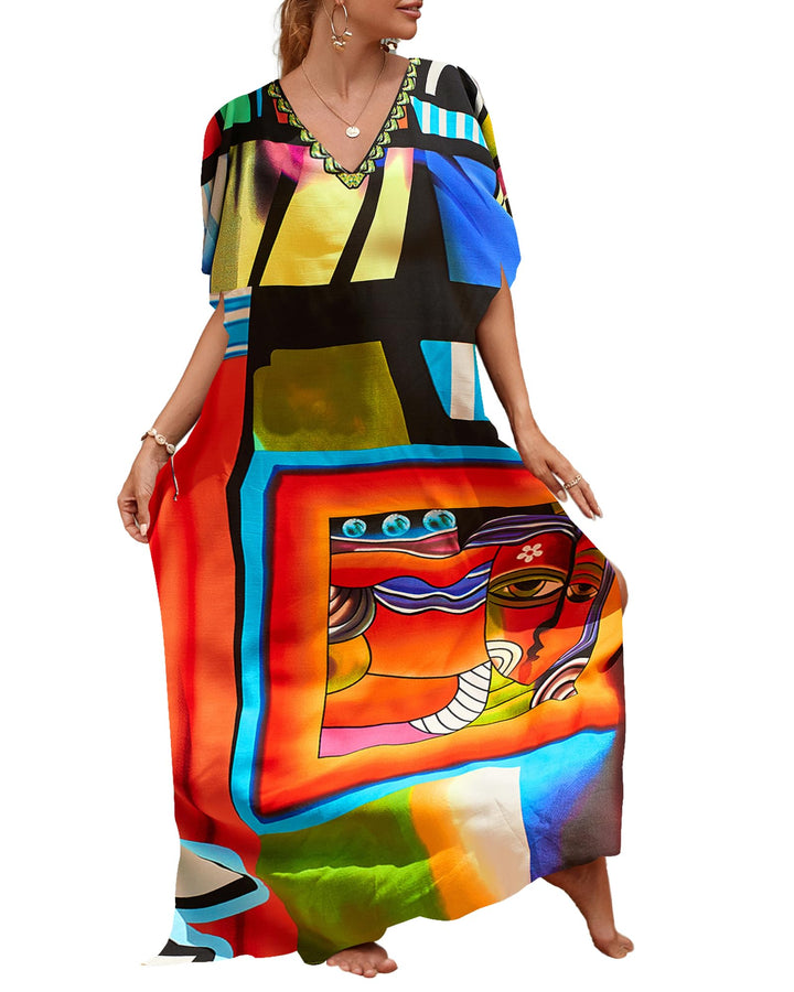 Bsubseach Lose Kaftan Kleider für Frauen Kurzarm Badeanzug Cover Up Casual Urlaub Outfits Bunt Geome