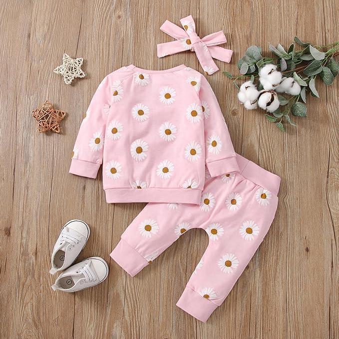 Neugeborene Säugling Baby Mädchen Kleidung Langarm Daisy Blume Sweatshirt+Hosen+DIY Stirnband Outfit