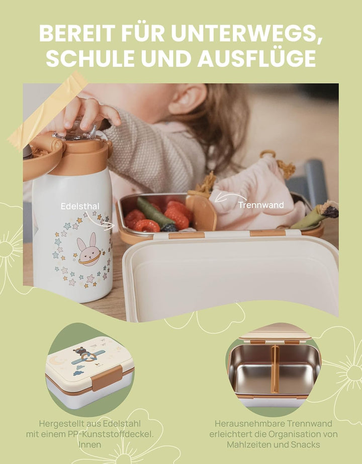 Fabelab Brotdose Kinder Mit Fächern Safari Jungle Bear | Lunchbox Aus Edelstahl 1000 Ml Auslaufsiche