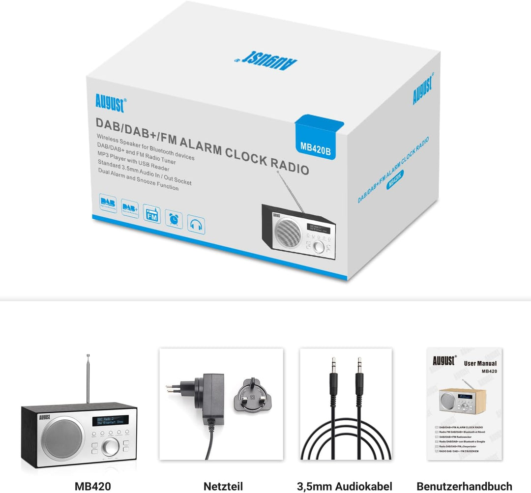 DAB+/FM Radio mit Bluetooth-August MB420-Digitales Küchenradio Holzgehäuse RDS-Funktion 60 Presets H