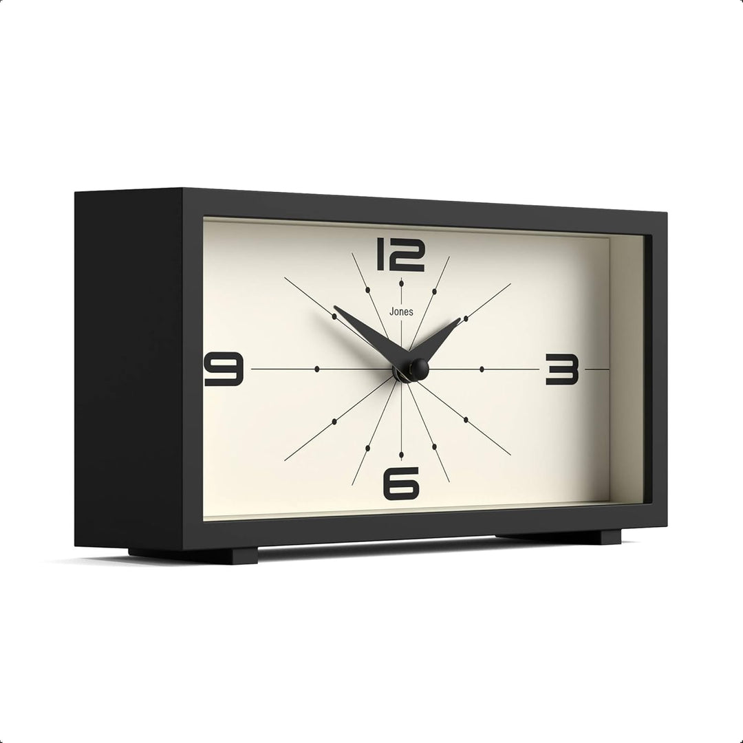 JONES CLOCKS® Schreibtischuhr 'Odeon' – modernes rechteckiges Design in Schwarz, stilvoller Retro-Lo